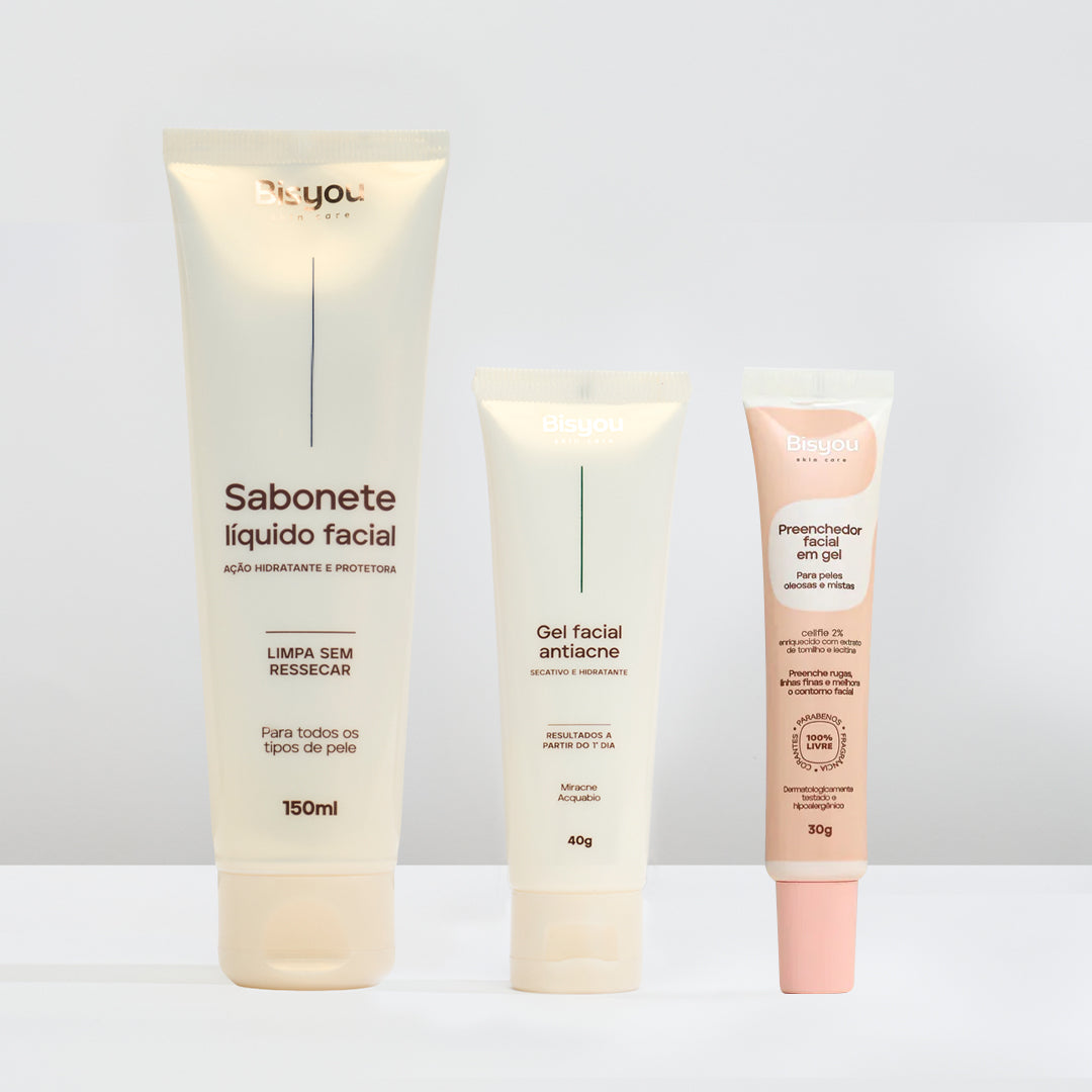 Kit Preenchedor Facial em Gel + Gel Facial Antiacne + Sabonete Liquido Facial