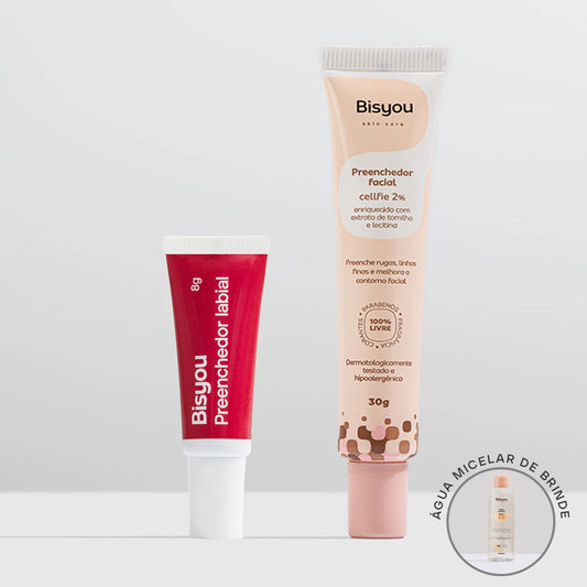 Kit Preenchedor Labial Amora + Preenchedor Facial em Gel + Ganhe Água Micelar