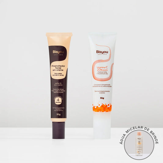 Kit Preenchedor Facial em Creme + Vitamina C 20% Pura + Ganhe Água Micelar