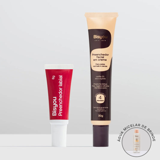 Kit Preenchedor Labial Amora + Preenchedor Facial em Creme + Ganhe Água Micelar