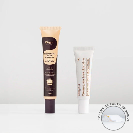 Kit Preenchedor Facial em Creme + Creme para Área dos Olhos + Toalha de Rosto