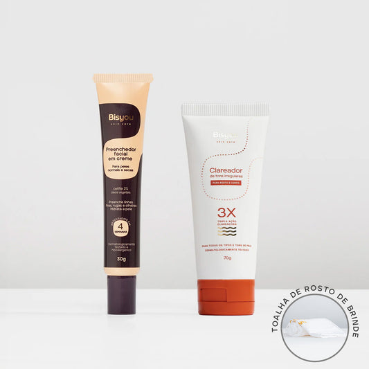 Kit Preenchedor Facial em Creme + Clareador de Tons Irregulares + Ganhe Tolha de Rosto