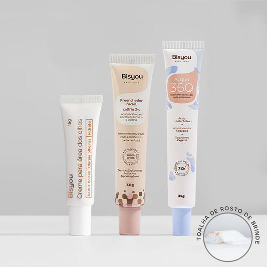 Kit Creme para Área dos Olhos + Preenchedor Facial em Gel + Hidratante Acqua 360 + Ganhe Toalha de Rosto