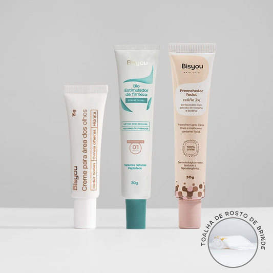 Kit Creme para Área dos Olhos + Bio Estimulador de Firmeza + Preenchedor Facial em Gel + Ganhe Toalha de Rosto