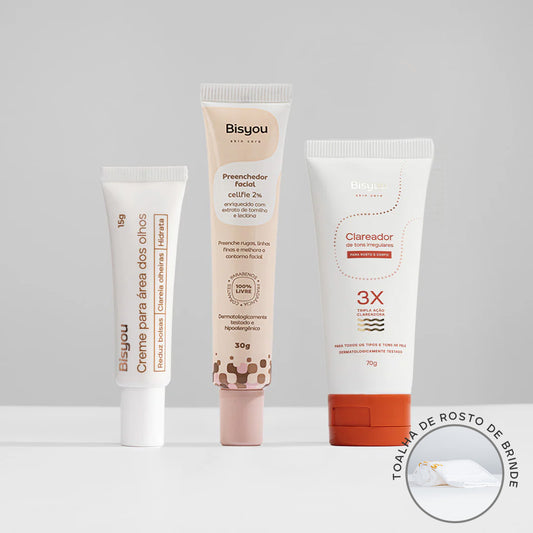 Kit Creme para Área dos Olhos + Clareador de Tons Irregulares + Preenchedor Facial em Gel + Ganhe Toalha de Rosto