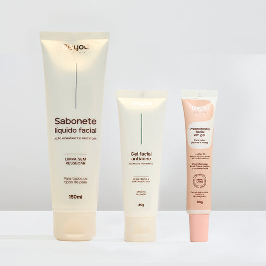 Kit Preenchedor Facial em Gel + Gel Facial Antiacne + Sabonete Liquido Facial